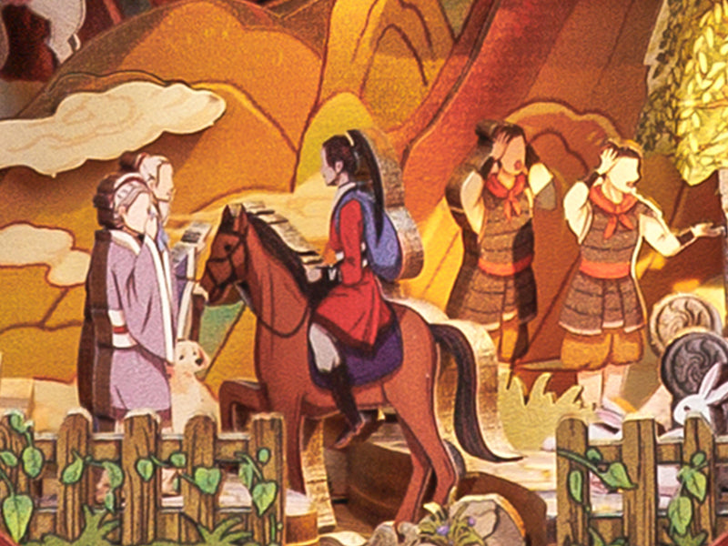 Scène en papier découpé représentant des personnages et un cheval dans un paysage.