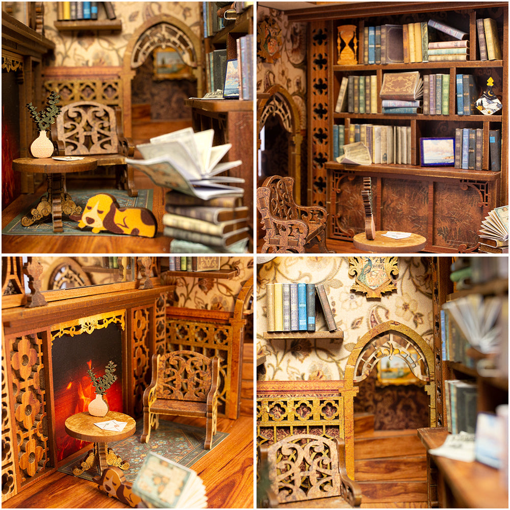Salle de bibliothèque de maison de poupée en bois sculpté avec meubles et accessoires miniatures.