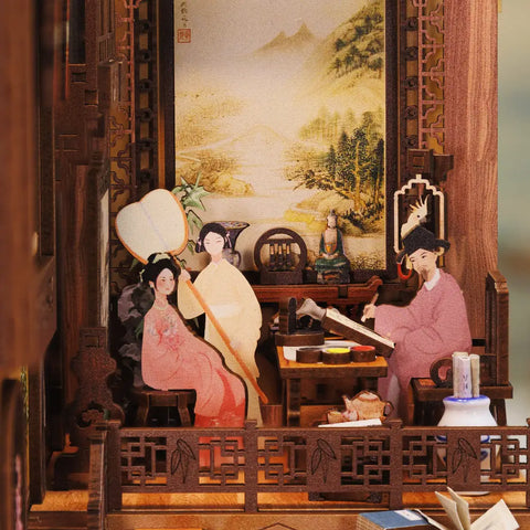 Diorama miniature représentant une scène d’érudition traditionnelle chinoise.