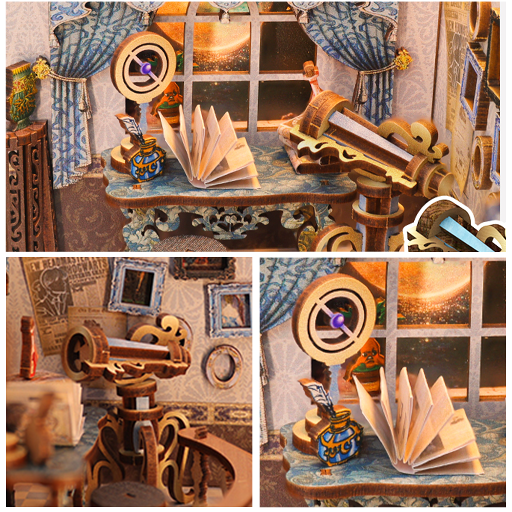 Diorama miniature en bois d’une salle d’étude magique, avec un bureau, un télescope et une fenêtre céleste détaillés.