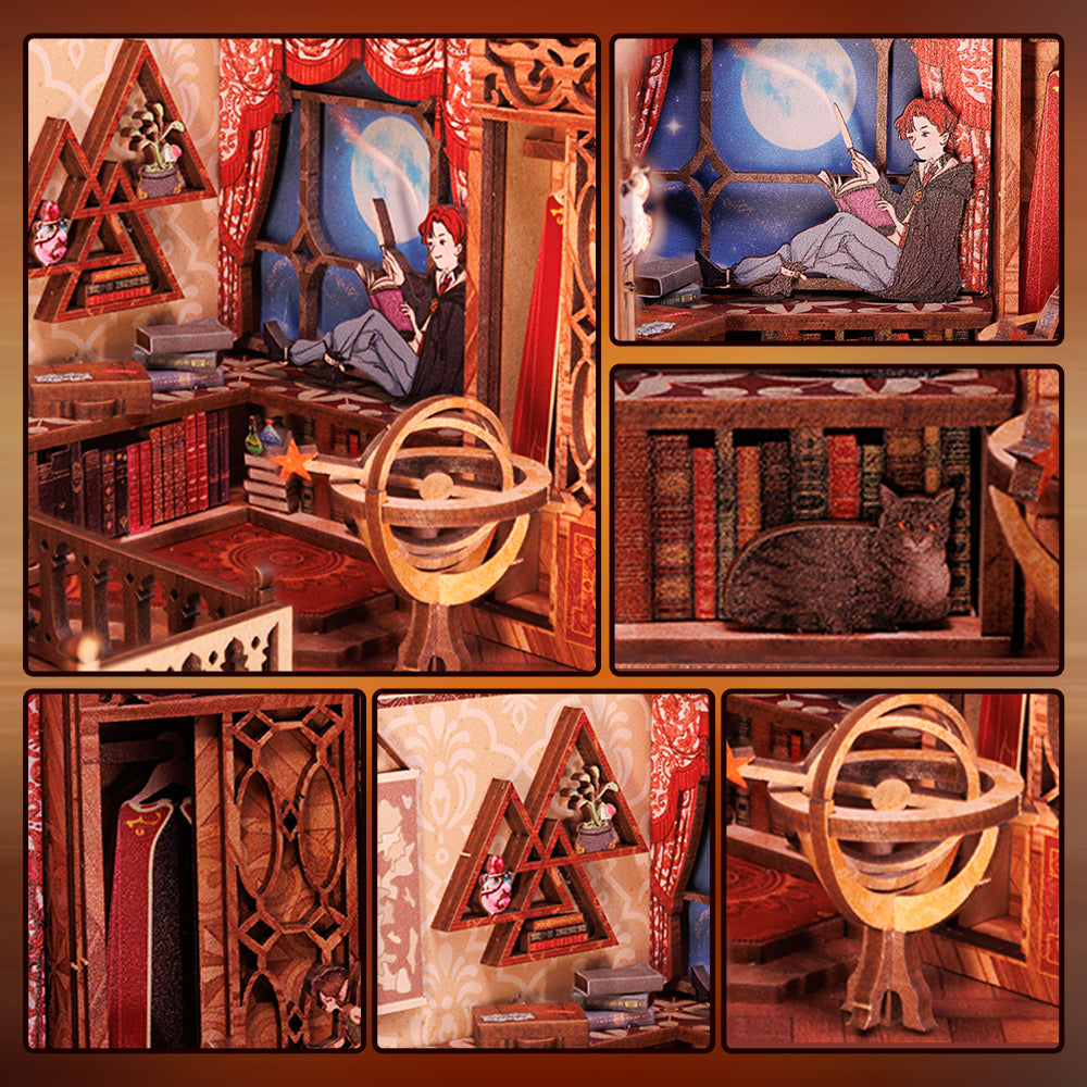 Un diorama de livres miniatures en bois aux détails complexes, à plusieurs niveaux, comprenant un cabinet de travail de sorcier avec un personnage lisant près d’une fenêtre éclairée par la lune, une bibliothèque avec un chat et une sphère armillaire.