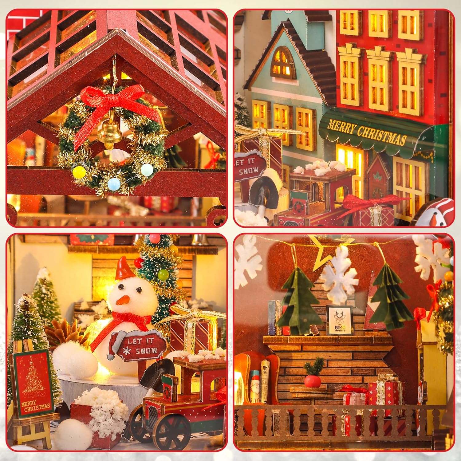 Des sections de maisons de poupées miniatures sur le thème de Noël avec des décorations et des lumières complexes.