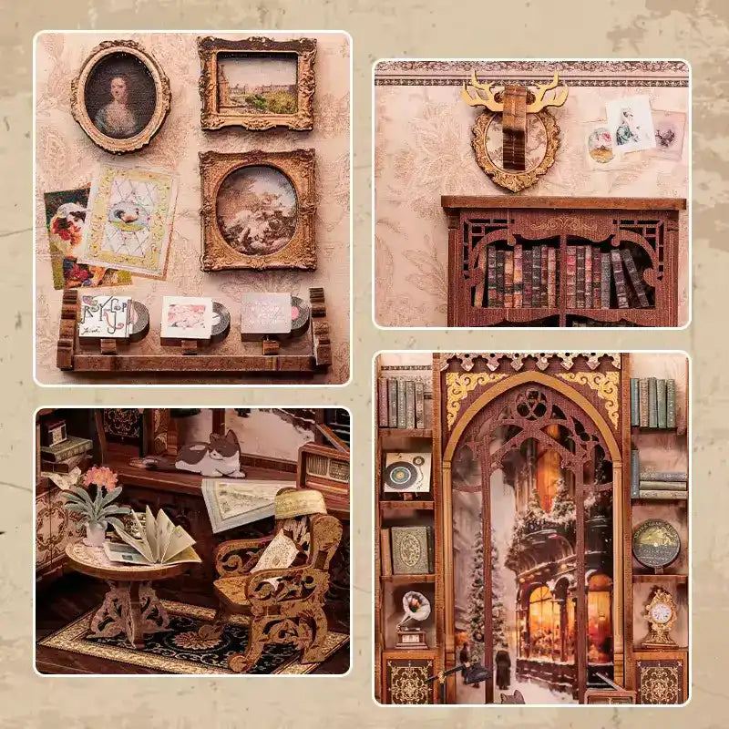 Un kit de maison de poupée miniature en bois à quatre panneaux présentant diverses scènes de chambres douillettes.