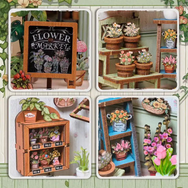 Diorama d’un marché aux fleurs de maison de poupée miniature.