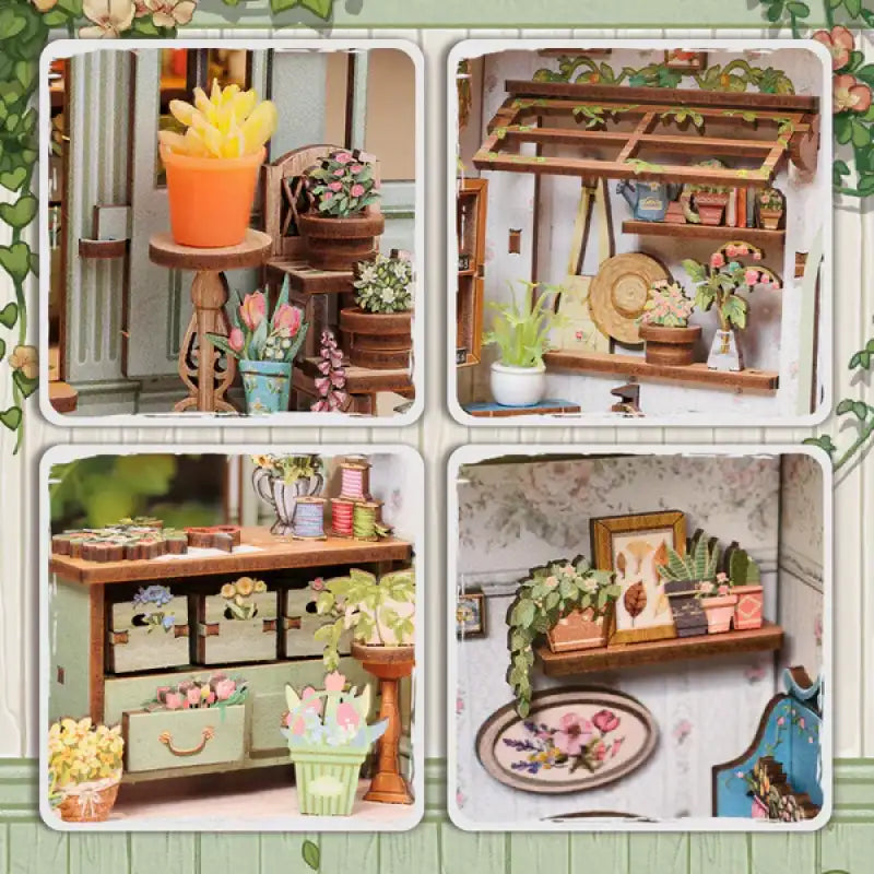 Un kit de maison de poupée miniature représentant un magasin de fleurs ou une serre.