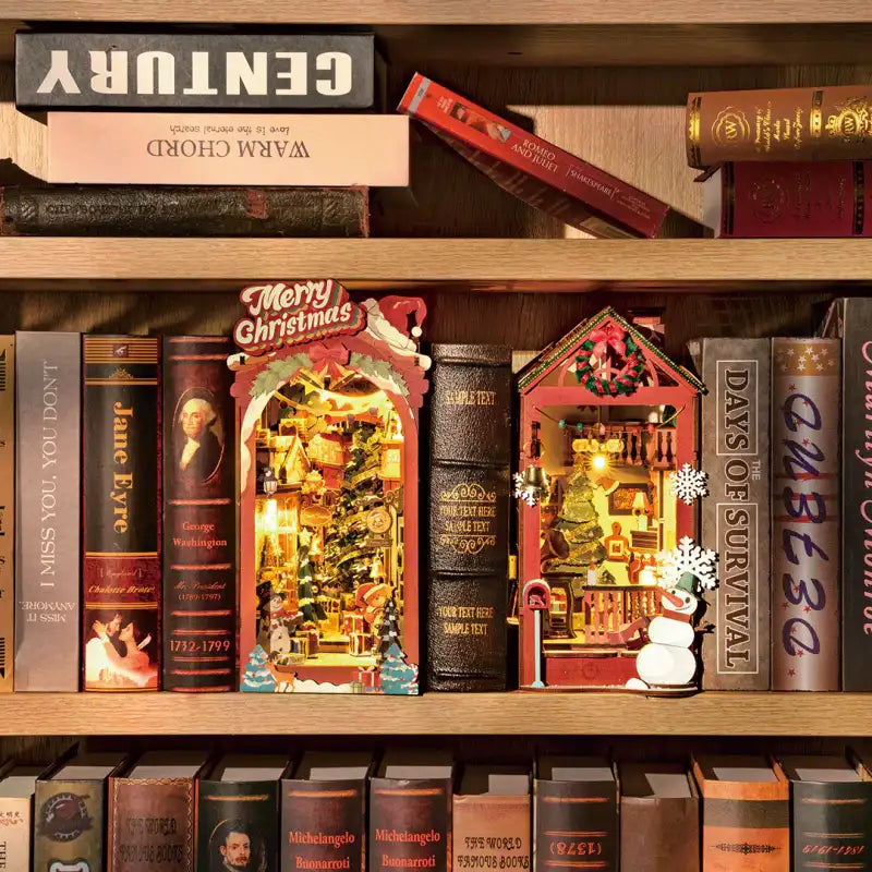 Une étagère remplie de livres et d’inserts de livres festifs.