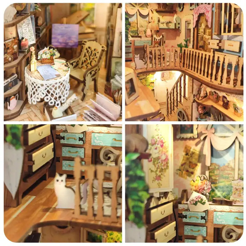Maison de poupée miniature en bois avec plusieurs pièces et meubles.