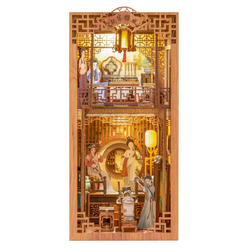 Diorama en bois illuminé représentant des scènes chinoises traditionnelles avec des personnages.