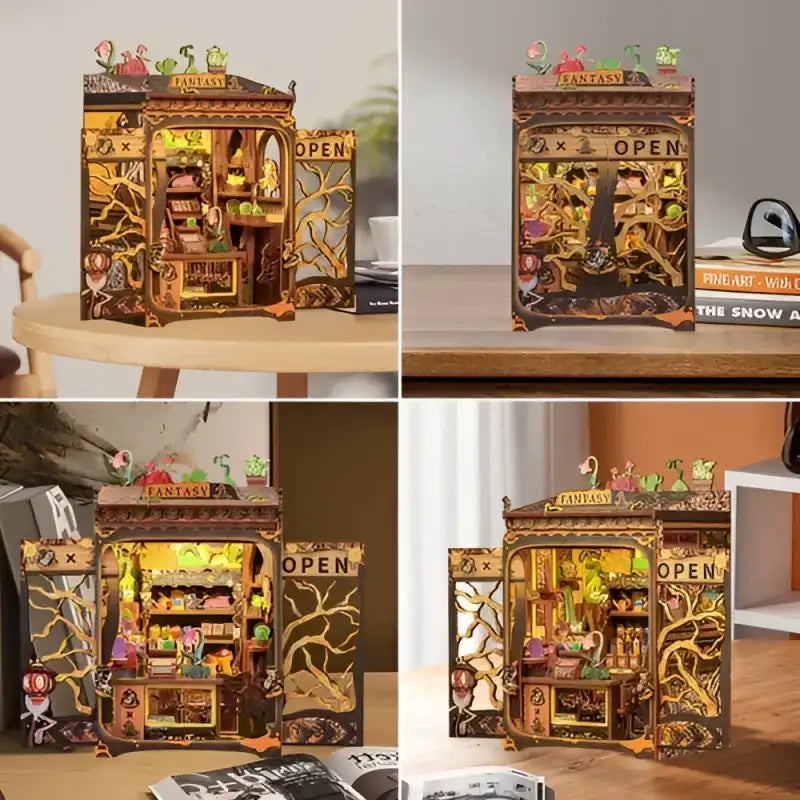 Diorama de bibliothèque en bois, très détaillé, avec intérieur éclairé et panneaux ’OUVERTS’ à charnières.