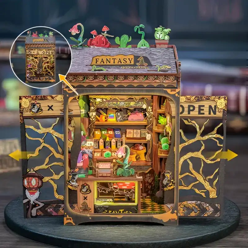Un diorama ou un coin livre miniature très détaillé sur le thème de la ’fantaisie’, avec l’intérieur d’une boutique magique, des plantes et des potions.