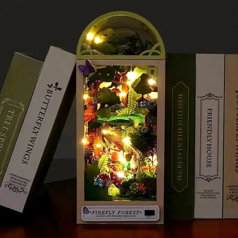 Un coin livre illuminé pour diorama de forêt miniature.