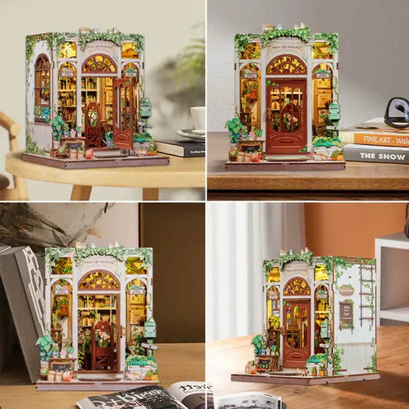 Un coin livres de librairie miniature bricolé avec des détails complexes et un éclairage chaleureux.