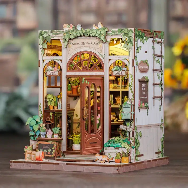 Diorama miniature d’un magasin de plantes pittoresque avec des détails complexes et un éclairage chaleureux.