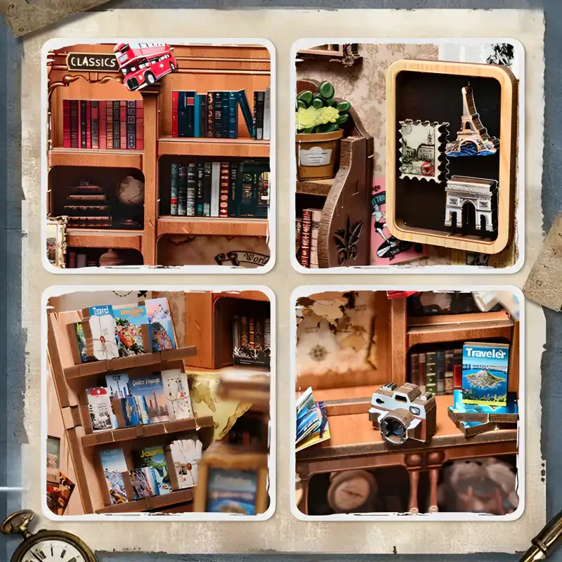 Un kit de diorama miniature présentant des vignettes sur le thème du voyage.