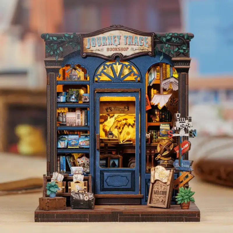 Un diorama de librairie miniature enluminée.