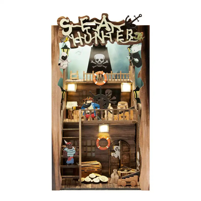 Un coin livre bricolé en forme de bateau pirate avec des détails complexes et un éclairage LED.