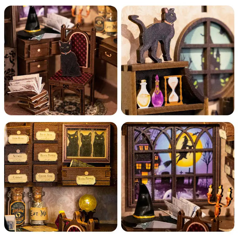 Un cabinet de sorcière miniature sur le thème du chat noir.