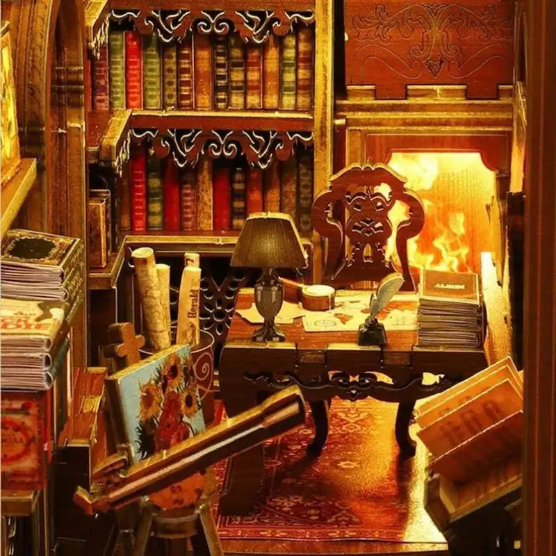 Salle d’étude miniature complexe avec une cheminée en état de marche.