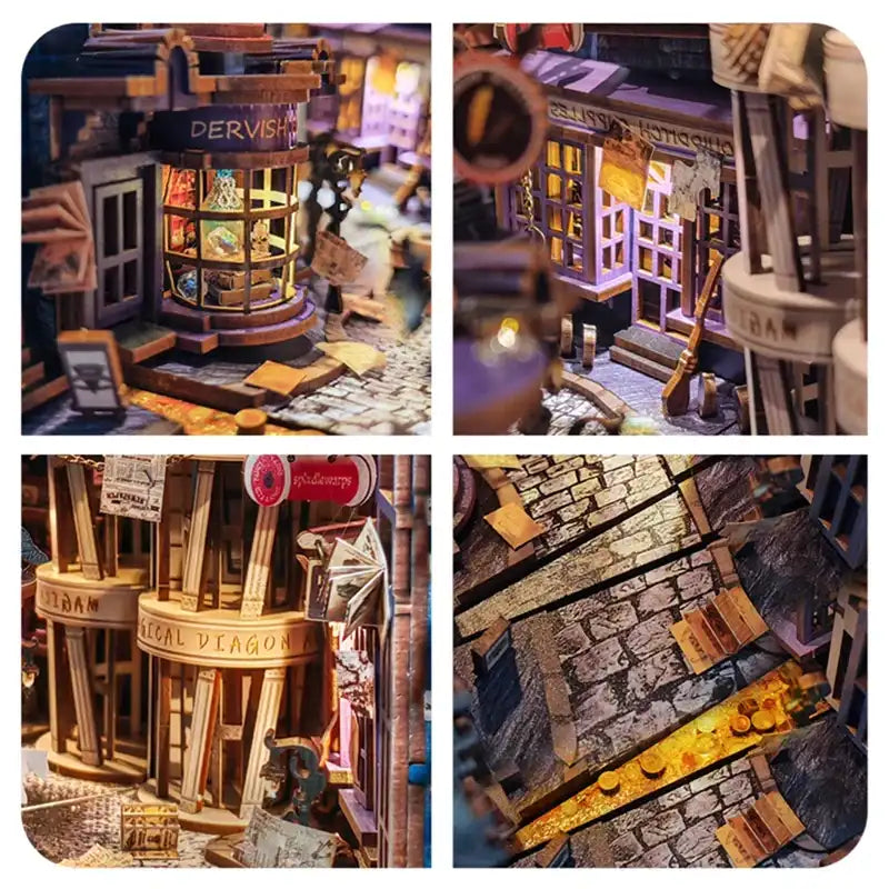 Un modèle miniature en bois illuminé d’une scène de rue magique avec plusieurs bâtiments.
