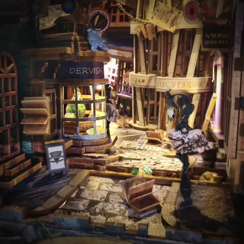 Diorama miniature détaillé d’une ruelle magique avec des boutiques.