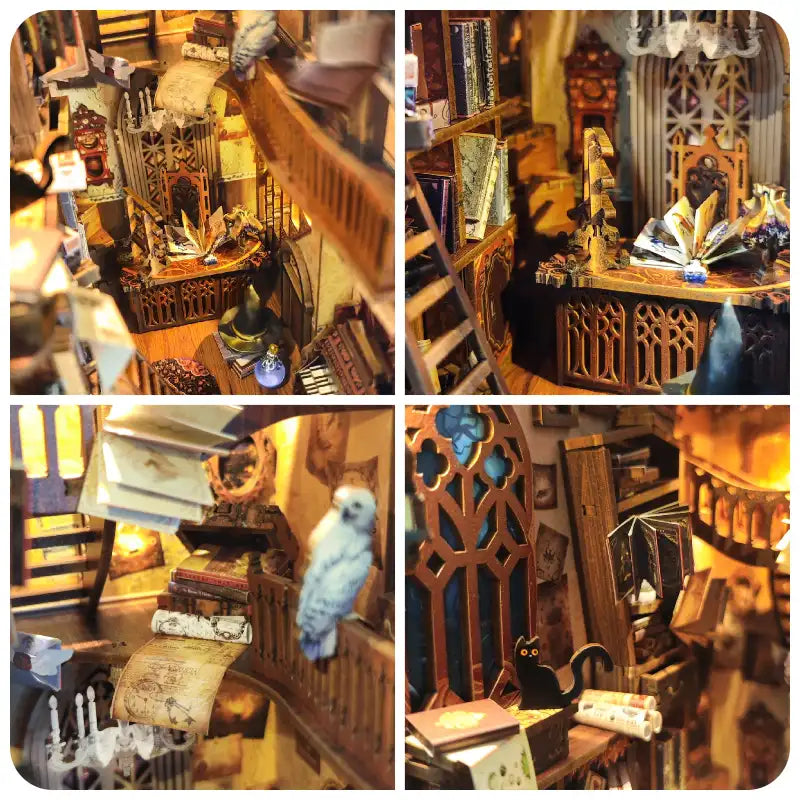 Diorama miniature complexe, à plusieurs niveaux, de la bibliothèque ou du bureau d’un sorcier.