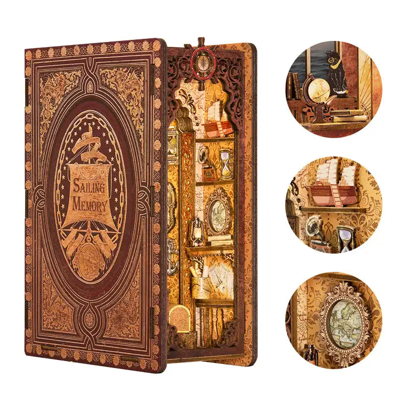 Un diorama en bois en forme de livre, au design complexe, avec des étagères miniatures sur le thème du nautisme à l’intérieur.