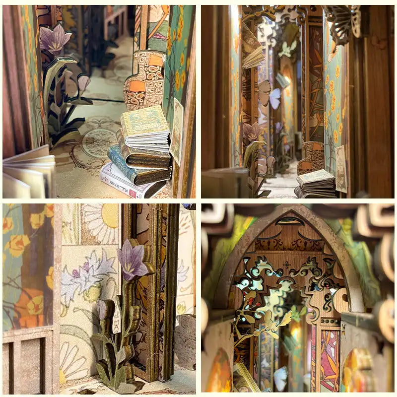 Un coin livre en bois complexe avec des livres miniatures, des fleurs et des détails architecturaux.