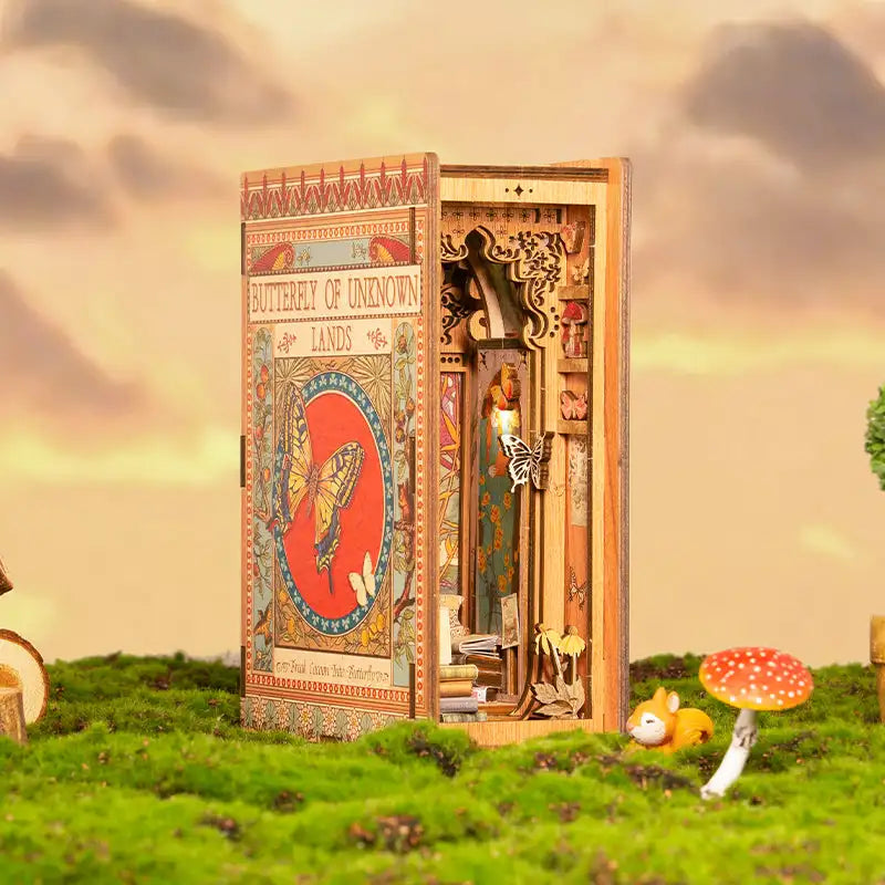 Un coin livre ouvert en bois avec des détails complexes sur le thème des papillons et de la nature.