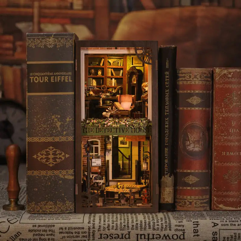 Un diorama de bibliothèque miniature complexe et éclairé.