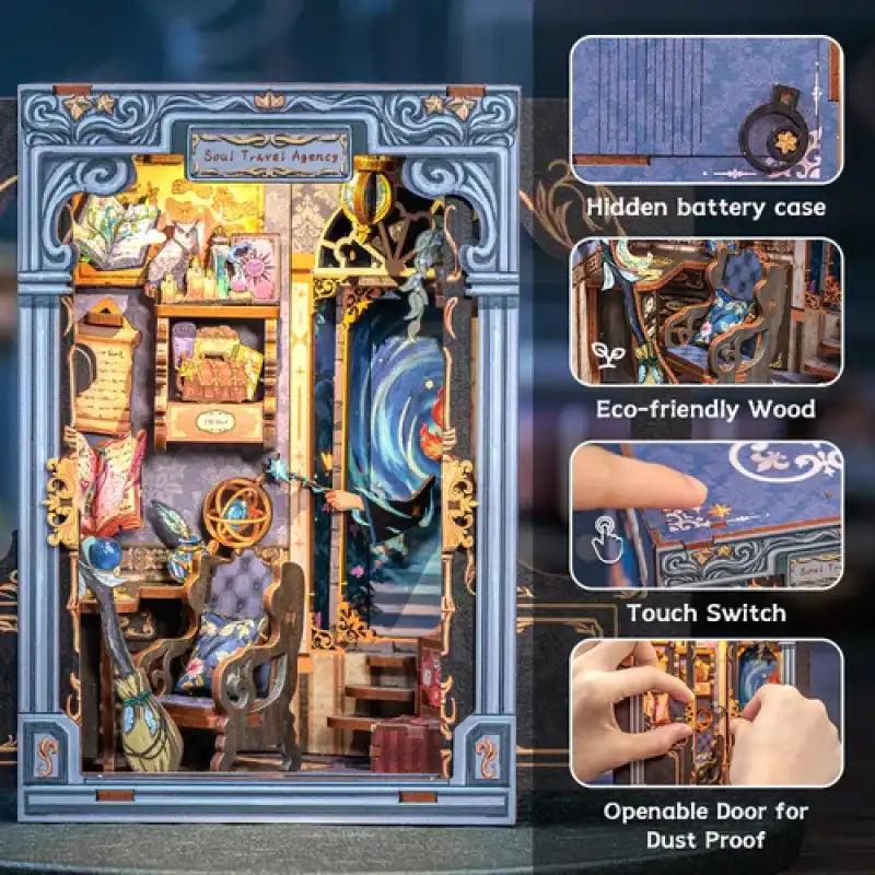 Un coin livre ’Agence de voyage de l’âme’ en bois, détaillé et éclairé, avec une porte anti-poussière.