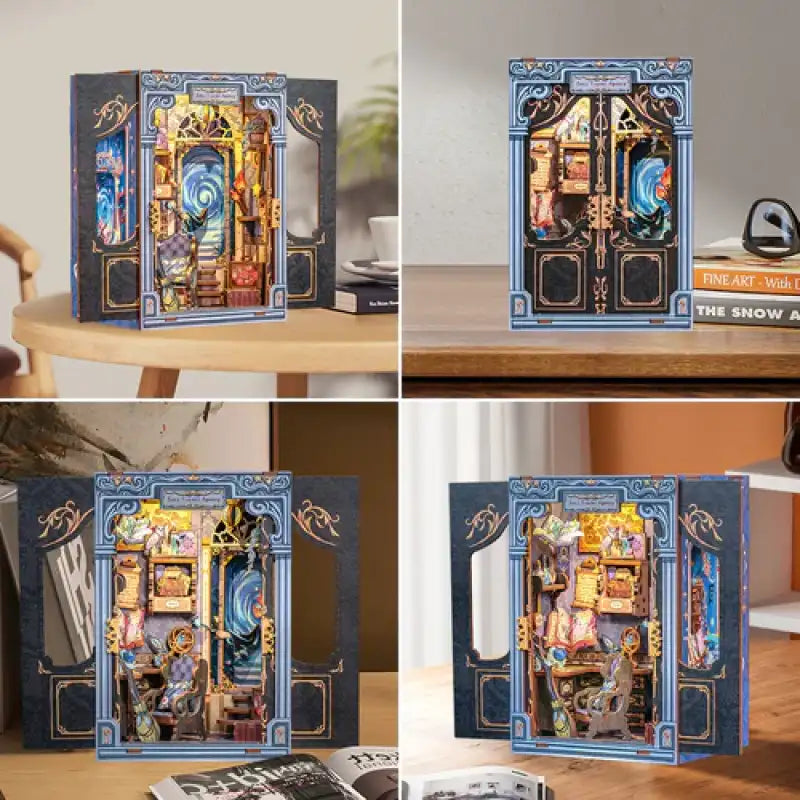 Un diorama miniature complexe et illuminé, ressemblant à un livre ouvert avec une scène de pièce détaillée à l’intérieur, comprenant des étagères, des meubles et un portail tourbillonnant.
