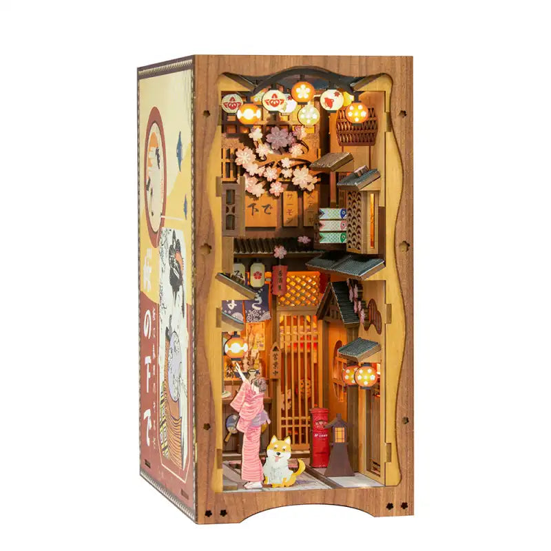 Coin livres en bois à thème japonais avec détails miniatures et éclairage.