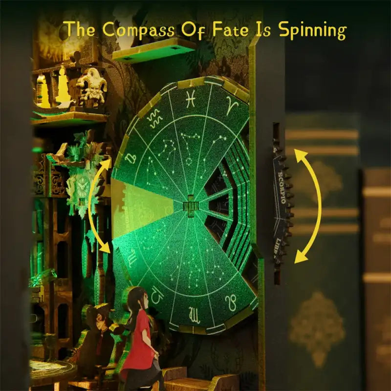 Diorama miniature d’une pièce dans laquelle se trouve une boussole zodiacale brillante et tournante.