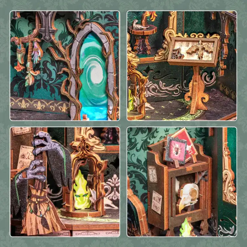 Une boîte de chambre miniature complexe, à plusieurs panneaux, avec des éléments gothiques et fantastiques.