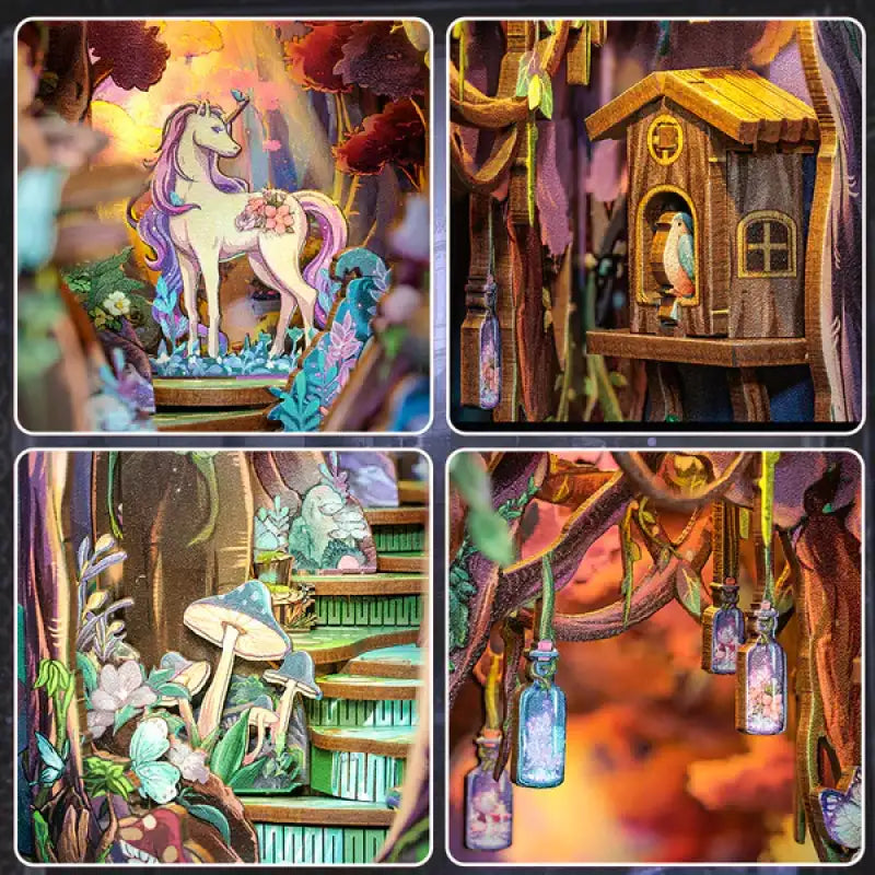 Un diorama fantaisiste en papercraft avec une licorne, un nichoir, des champignons et des bouteilles suspendues dans un décor de forêt fantastique.