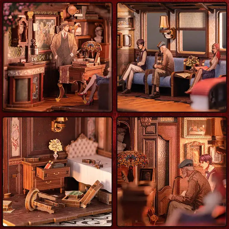 Quatre dioramas détaillés de salles de miniatures.