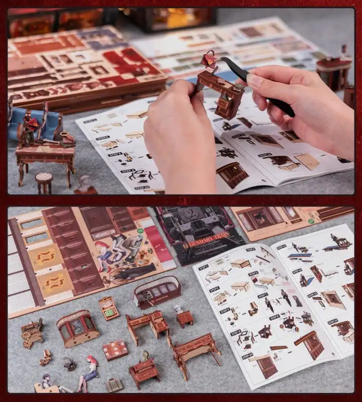 Un kit de puzzle miniature en 3D pour construire une maison de poupée ou un diorama avec des meubles et des personnages.