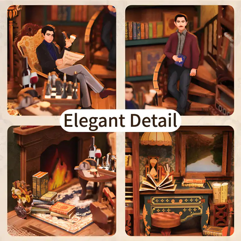 Une maison de poupée miniature détaillée comprenant une bibliothèque confortable et un bureau avec des personnages.