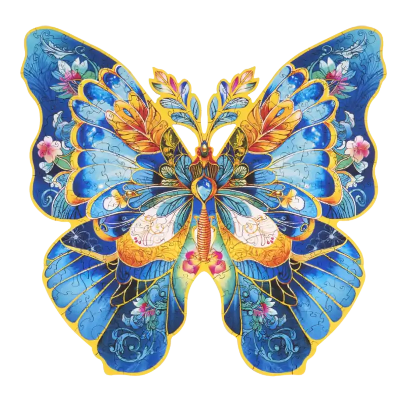 Un puzzle en bois coloré et orné en forme de papillon.