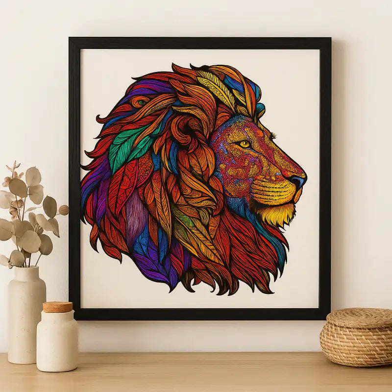 Encadrement de l’art de la tête de lion vibrante et colorée.