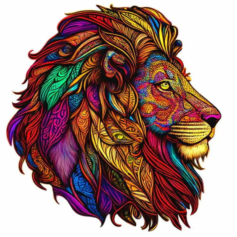 Tête de lion de profil, vibrante, abstraite et colorée.