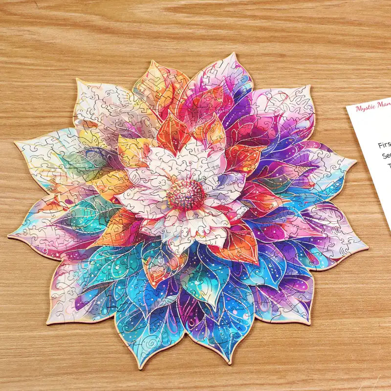 Un puzzle en bois vibrant, à plusieurs niveaux, qui a la forme d’une fleur épanouie aux pétales colorés.