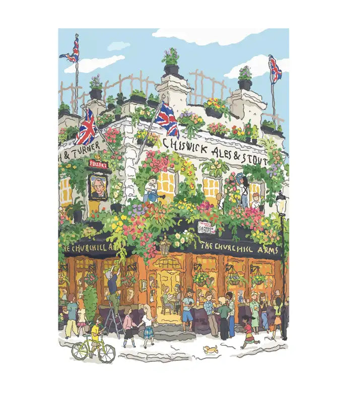 Un pub britannique charmant et dynamique, débordant de fleurs et de feuillages, arborant de nombreux drapeaux de l’Union Jack et animé par des clients.