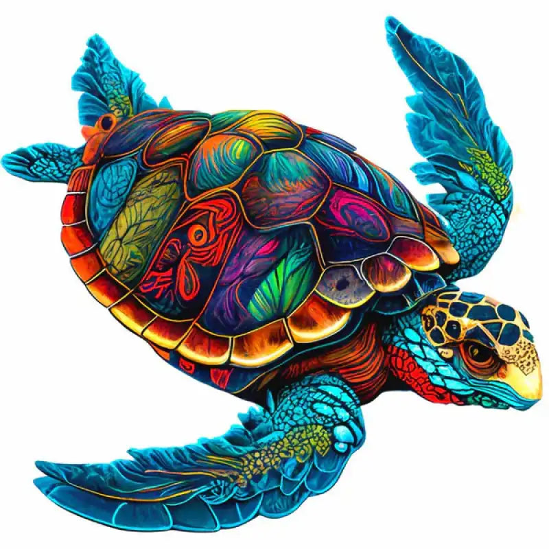 Tortue de mer aux couleurs vives et aux motifs complexes.