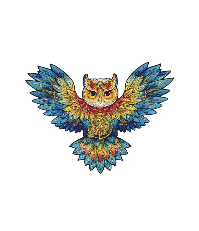 Un puzzle de hibou vibrant et coloré avec des plumes complexes et des détails d’engrenages mécaniques.