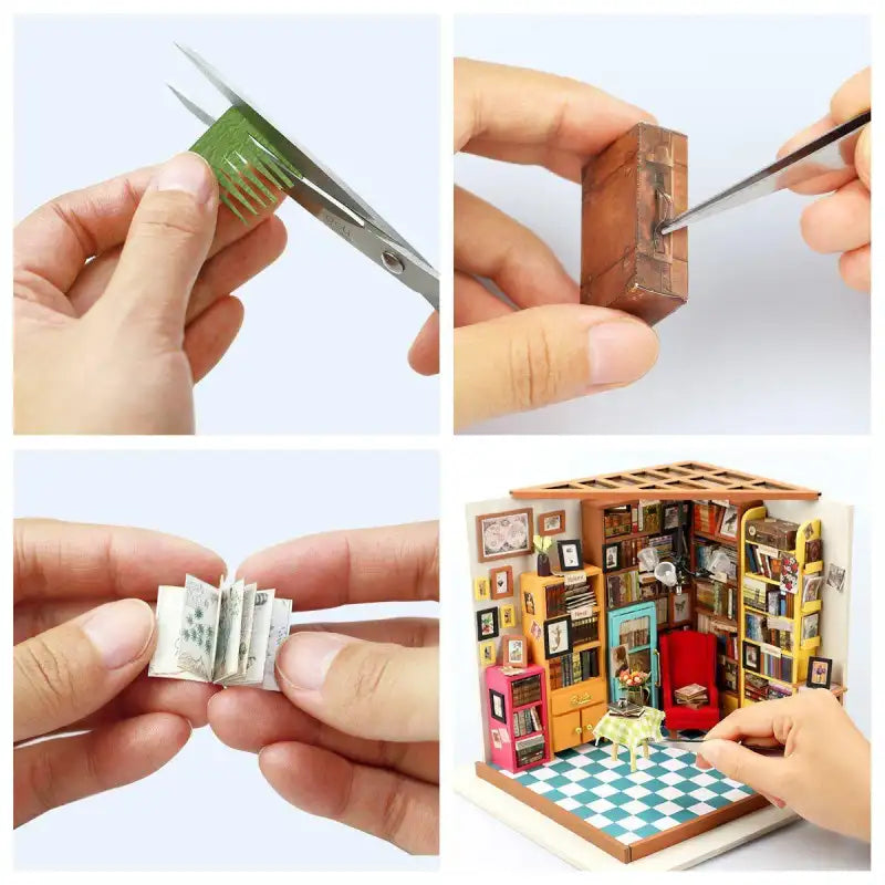 Un kit de maison de poupée miniature pour créer une petite bibliothèque ou un bureau.