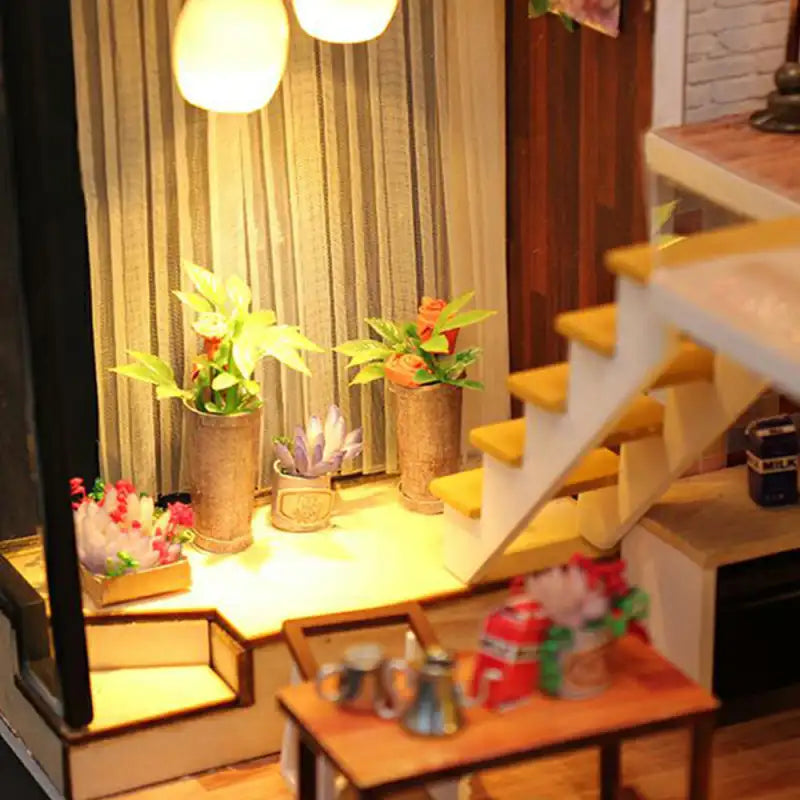 Une pièce miniature avec des plantes et un escalier.