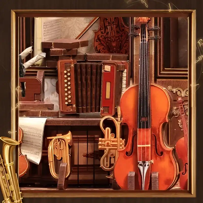 Une collection d’instruments de musique miniatures présentés dans une boîte d’ombres.