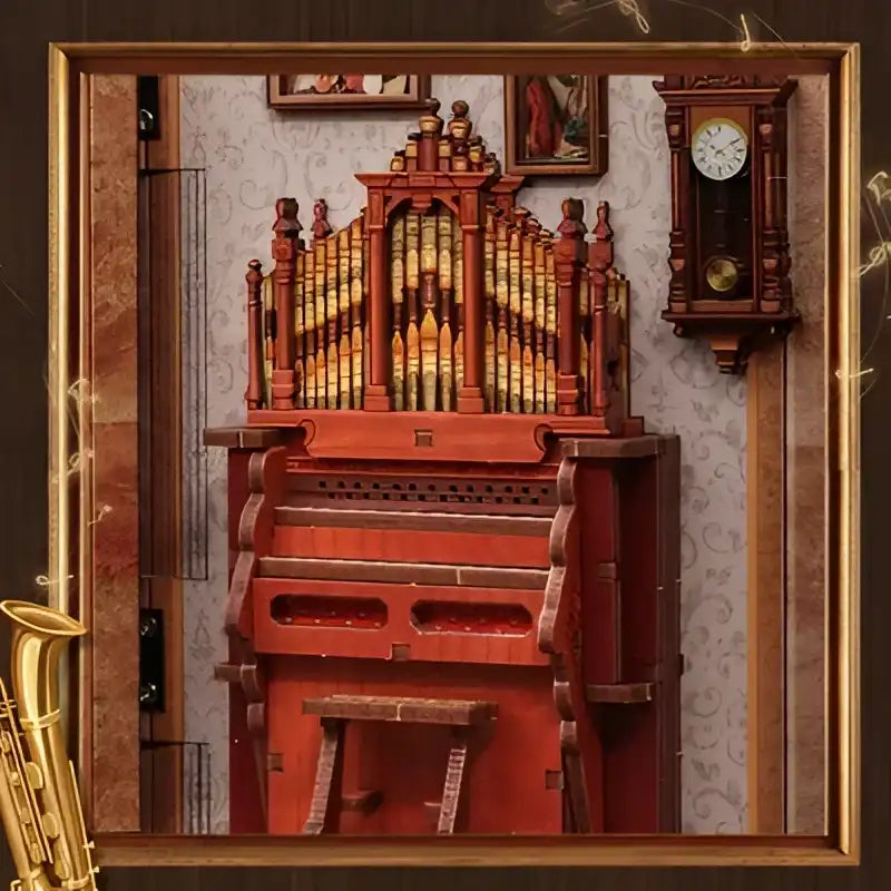 Orgue à tuyaux en bois de style ancien et orné, avec banc assorti.