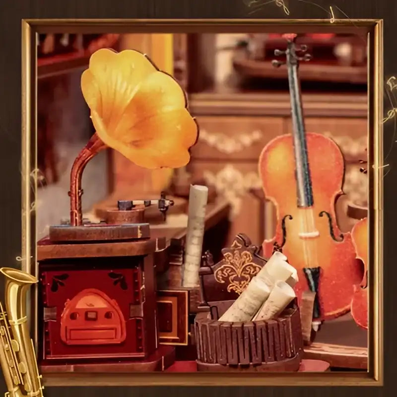 Un diorama miniature d’instruments de musique anciens.